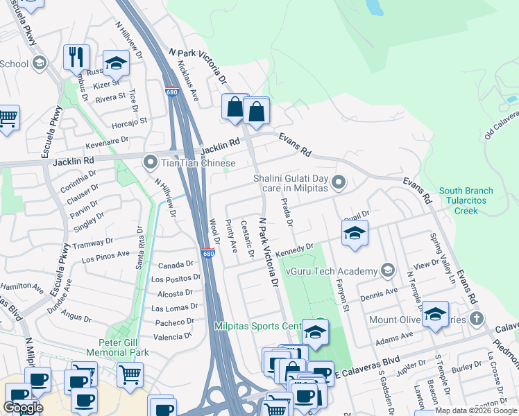 map of restaurants, bars, coffee shops, grocery stores, and more near 641 North Park Victoria Drive in Milpitas