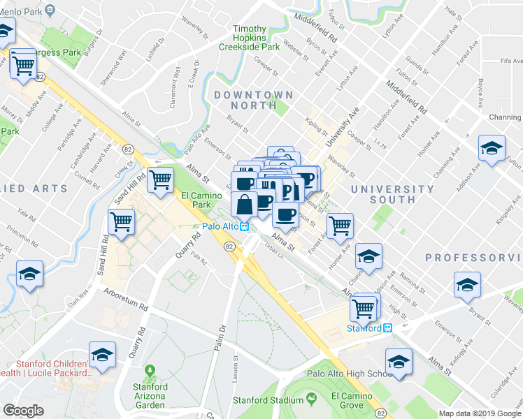 map of restaurants, bars, coffee shops, grocery stores, and more near 130 Lytton Avenue in Palo Alto