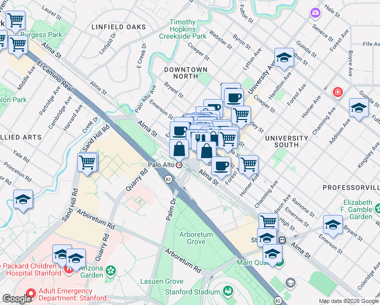 map of restaurants, bars, coffee shops, grocery stores, and more near 130 Lytton Avenue in Palo Alto