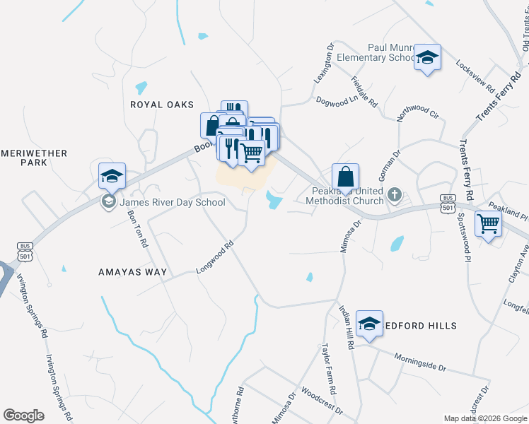 map of restaurants, bars, coffee shops, grocery stores, and more near 1926 Canterbury Court in Lynchburg