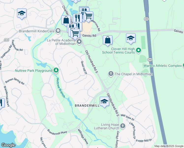 map of restaurants, bars, coffee shops, grocery stores, and more near 3301 Quail Hill Drive in Midlothian