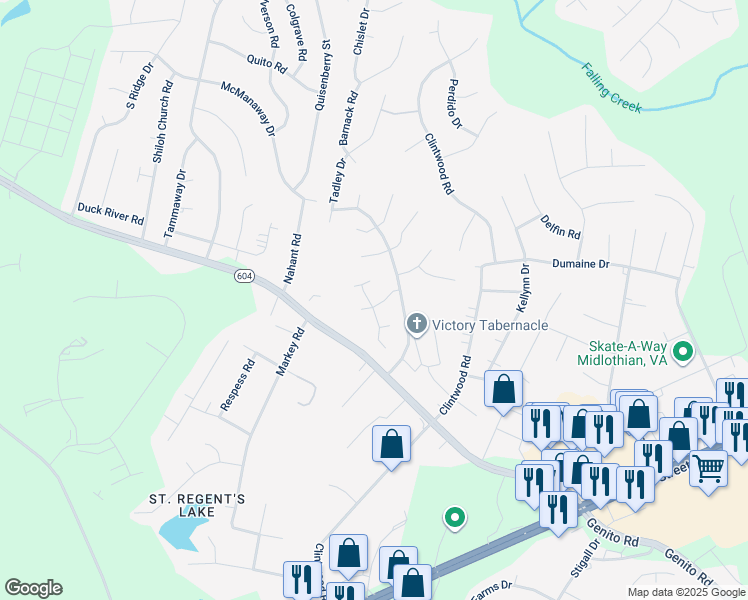 map of restaurants, bars, coffee shops, grocery stores, and more near 11918 Chestnut Creek Drive in Midlothian