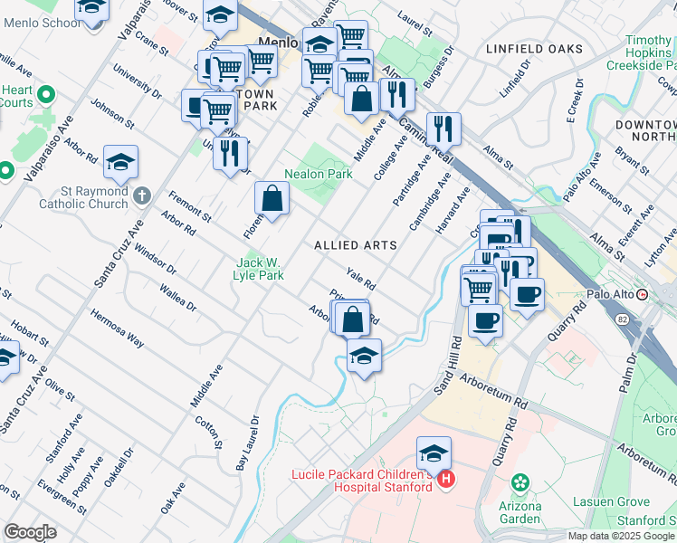 map of restaurants, bars, coffee shops, grocery stores, and more near 317 Yale Road in Menlo Park