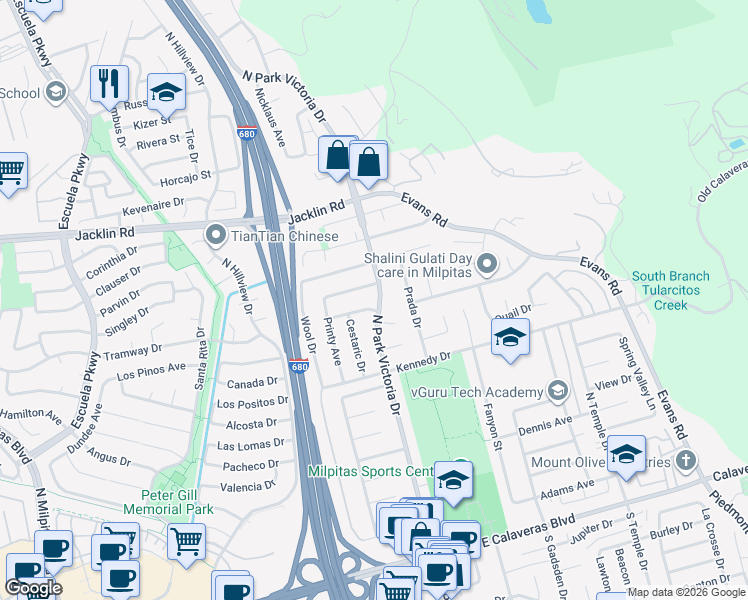 map of restaurants, bars, coffee shops, grocery stores, and more near 641 North Park Victoria Drive in Milpitas