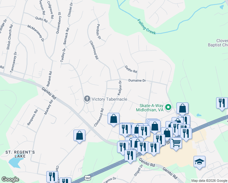 map of restaurants, bars, coffee shops, grocery stores, and more near 11411 Elshur Road in Midlothian