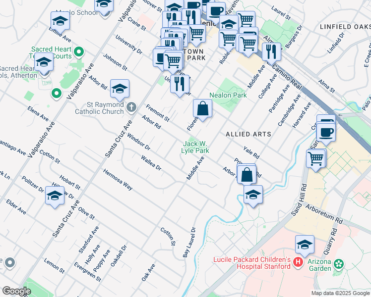 map of restaurants, bars, coffee shops, grocery stores, and more near 600 Arbor Road in Menlo Park