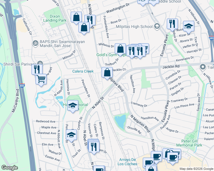 map of restaurants, bars, coffee shops, grocery stores, and more near 900 Hanson Court in Milpitas