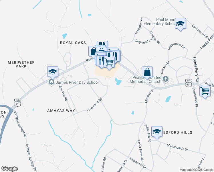 map of restaurants, bars, coffee shops, grocery stores, and more near 5000 Wedgewood Road in Lynchburg