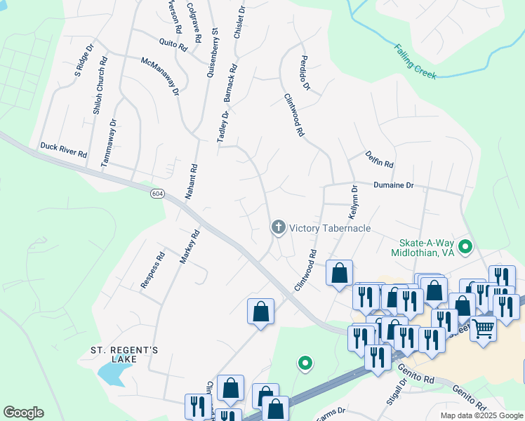 map of restaurants, bars, coffee shops, grocery stores, and more near 11901 Chestnut Creek Drive in Midlothian