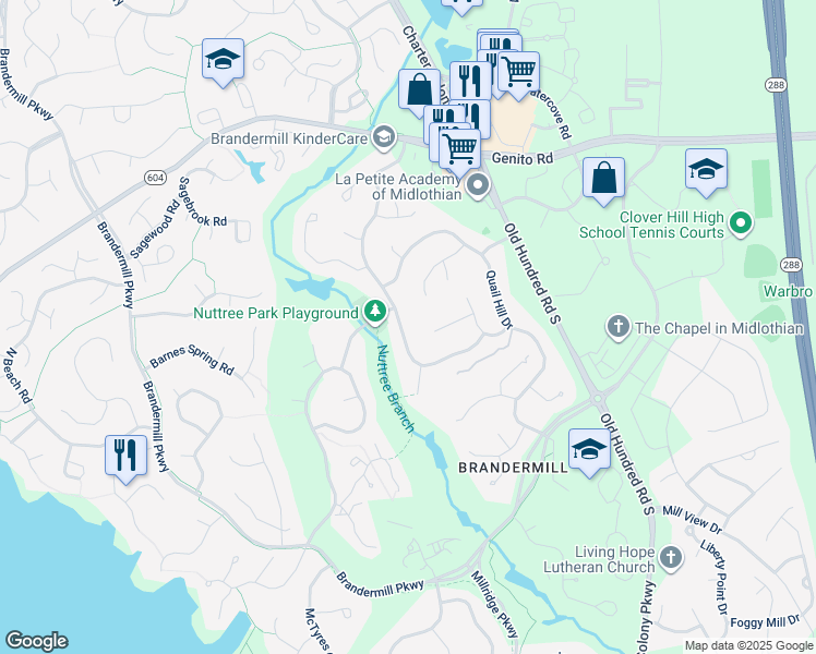map of restaurants, bars, coffee shops, grocery stores, and more near 3207 Fox Chase Drive in Midlothian