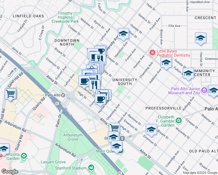 map of restaurants, bars, coffee shops, grocery stores, and more near 707 Bryant Street in Palo Alto