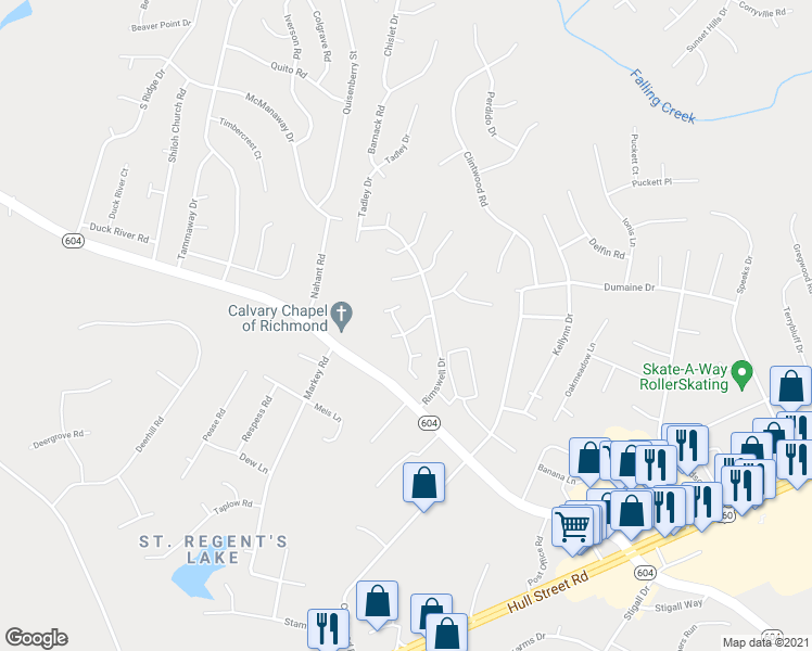 map of restaurants, bars, coffee shops, grocery stores, and more near 11918 Chestnut Creek Drive in Midlothian