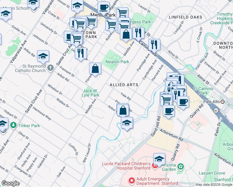 map of restaurants, bars, coffee shops, grocery stores, and more near 317 Yale Road in Menlo Park