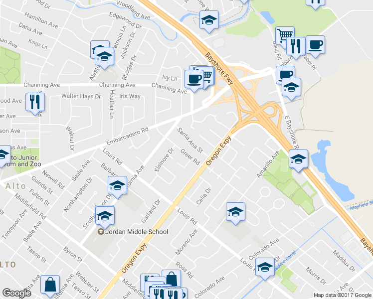 map of restaurants, bars, coffee shops, grocery stores, and more near 2305 Greer Road in Palo Alto