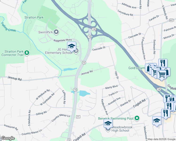map of restaurants, bars, coffee shops, grocery stores, and more near 5000 Jessup Road in Richmond