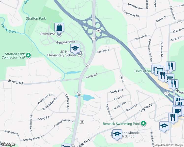 map of restaurants, bars, coffee shops, grocery stores, and more near 5000 Jessup Road in Richmond