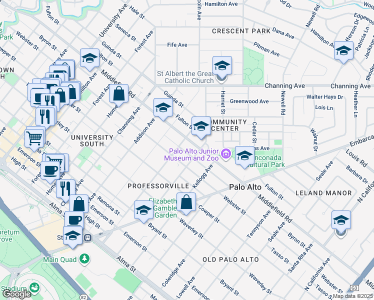 map of restaurants, bars, coffee shops, grocery stores, and more near 1227 Byron Street in Palo Alto