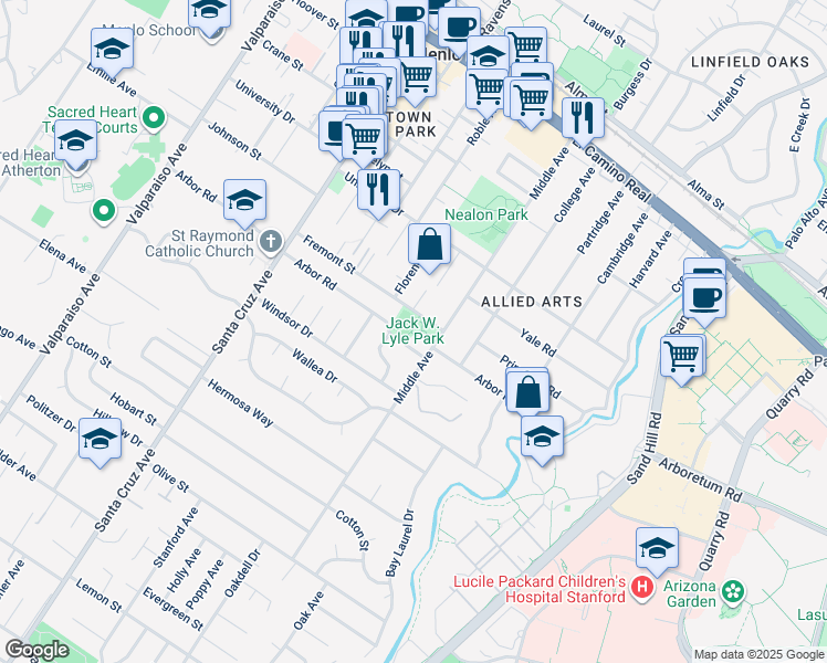 map of restaurants, bars, coffee shops, grocery stores, and more near 600 Arbor Road in Menlo Park