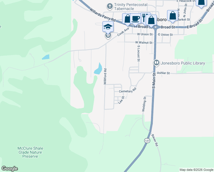 map of restaurants, bars, coffee shops, grocery stores, and more near 200 Williford Road in Jonesboro
