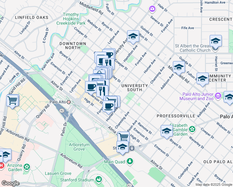 map of restaurants, bars, coffee shops, grocery stores, and more near 707 Bryant Street in Palo Alto