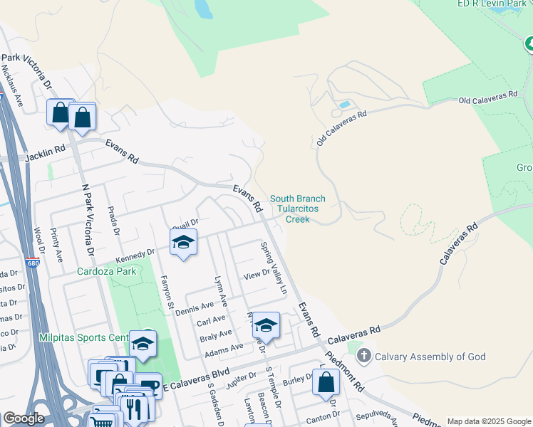 map of restaurants, bars, coffee shops, grocery stores, and more near 1995 Old Calaveras Road in Milpitas