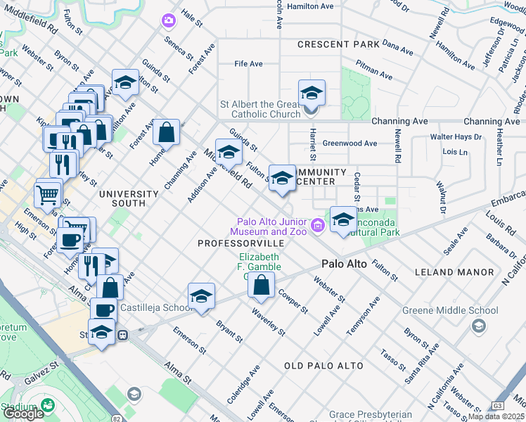 map of restaurants, bars, coffee shops, grocery stores, and more near 1227 Byron Street in Palo Alto