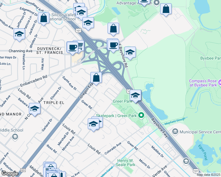 map of restaurants, bars, coffee shops, grocery stores, and more near 107 Tanland Drive in Palo Alto