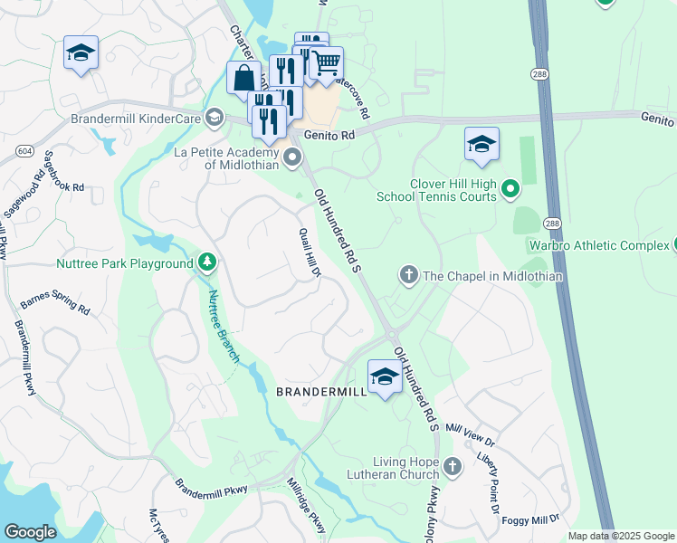 map of restaurants, bars, coffee shops, grocery stores, and more near 3301 Quail Hill Drive in Midlothian