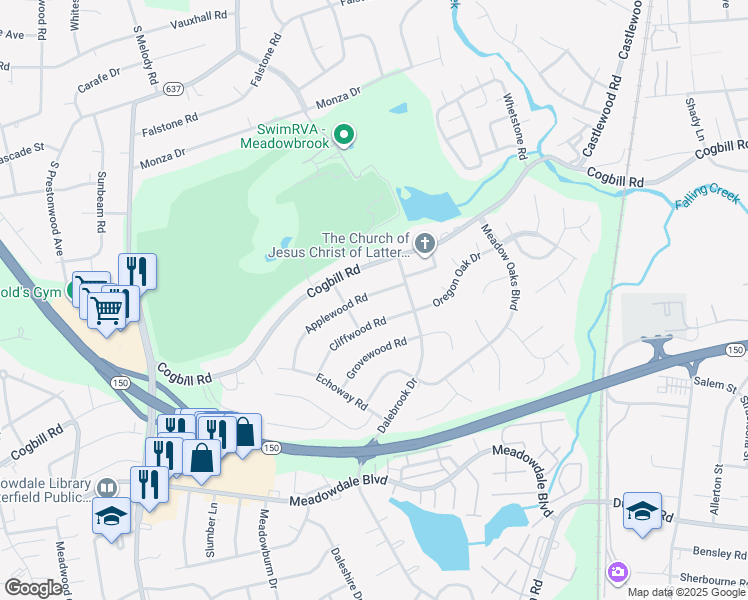 map of restaurants, bars, coffee shops, grocery stores, and more near 3631 Applewood Road in Richmond