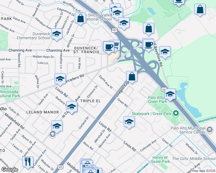 map of restaurants, bars, coffee shops, grocery stores, and more near 2305 Greer Road in Palo Alto