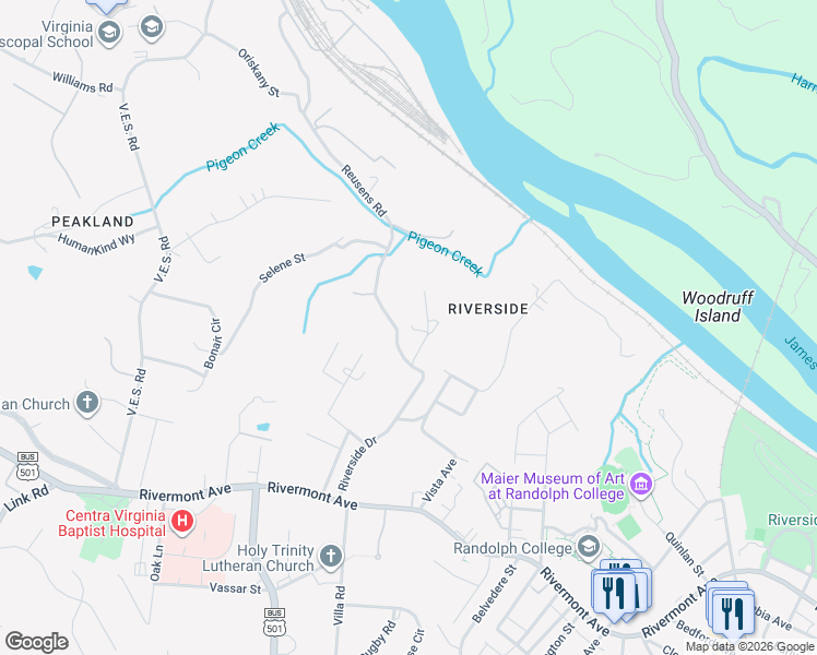 map of restaurants, bars, coffee shops, grocery stores, and more near 325 Chambersville Street in Lynchburg