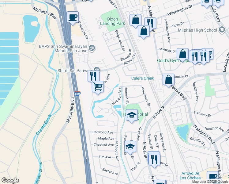 map of restaurants, bars, coffee shops, grocery stores, and more near 1198 North Abbott Avenue in Milpitas