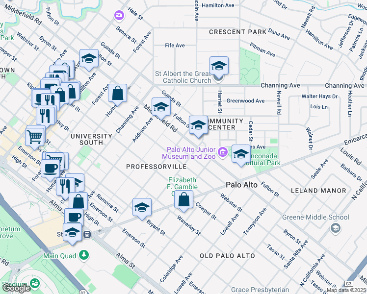 map of restaurants, bars, coffee shops, grocery stores, and more near 1227 Byron Street in Palo Alto