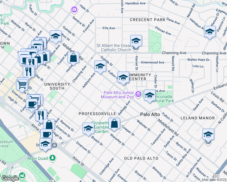 map of restaurants, bars, coffee shops, grocery stores, and more near 1227 Byron Street in Palo Alto