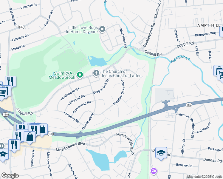 map of restaurants, bars, coffee shops, grocery stores, and more near 3412 Green Oaks Court in Richmond