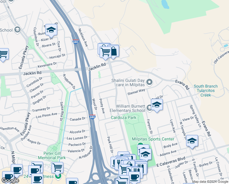 map of restaurants, bars, coffee shops, grocery stores, and more near 641 North Park Victoria Drive in Milpitas
