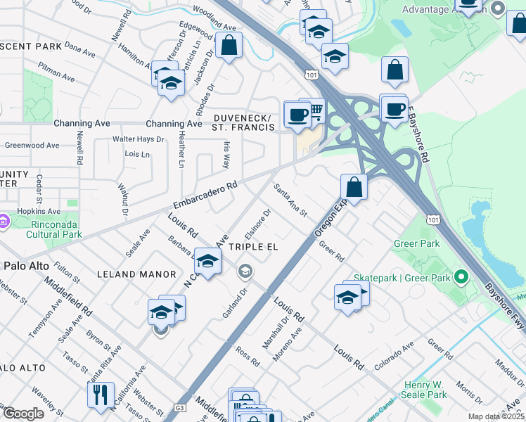 map of restaurants, bars, coffee shops, grocery stores, and more near 985 Elsinore Drive in Palo Alto