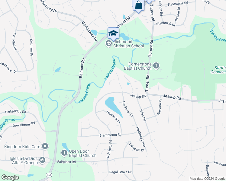map of restaurants, bars, coffee shops, grocery stores, and more near 6424 Jessup Road in Richmond