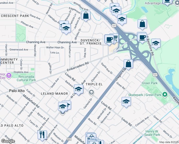 map of restaurants, bars, coffee shops, grocery stores, and more near 967 North California Avenue in Palo Alto