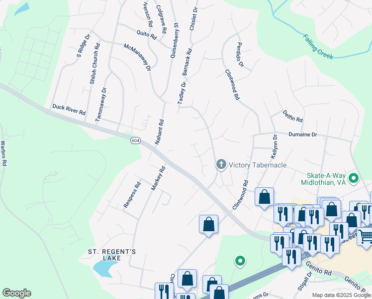 map of restaurants, bars, coffee shops, grocery stores, and more near 12012 Hazelnut Branch Terrace in Midlothian