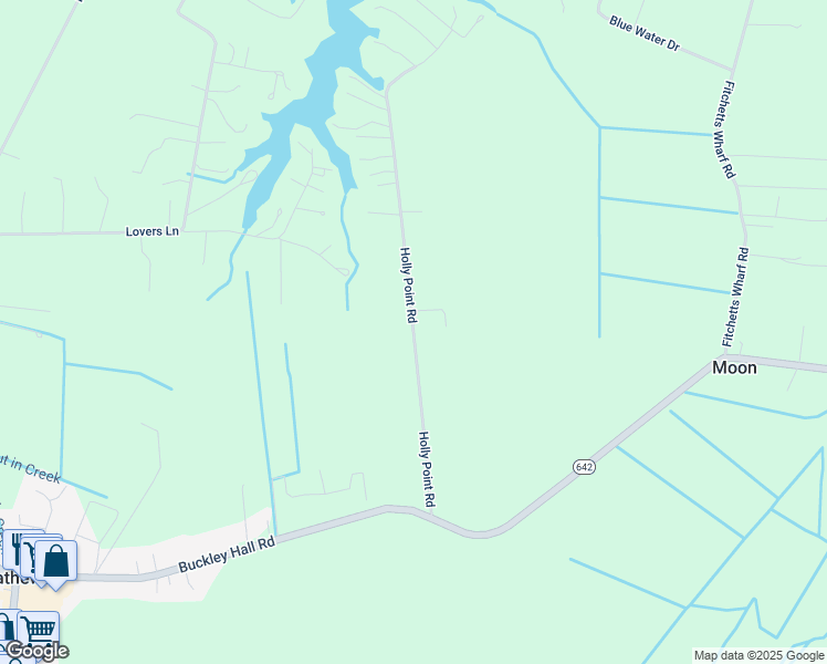 map of restaurants, bars, coffee shops, grocery stores, and more near Holly Point Road in Mathews