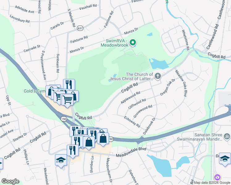 map of restaurants, bars, coffee shops, grocery stores, and more near 3830 Cogbill Road in Richmond