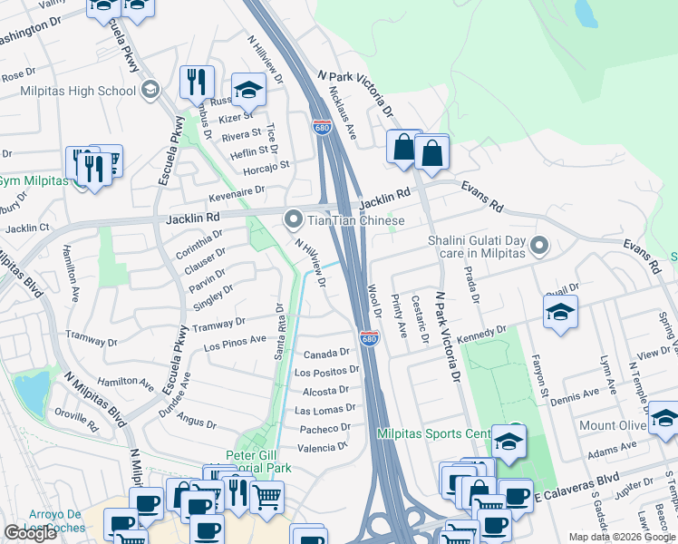 map of restaurants, bars, coffee shops, grocery stores, and more near 941 Del Rio Court in Milpitas