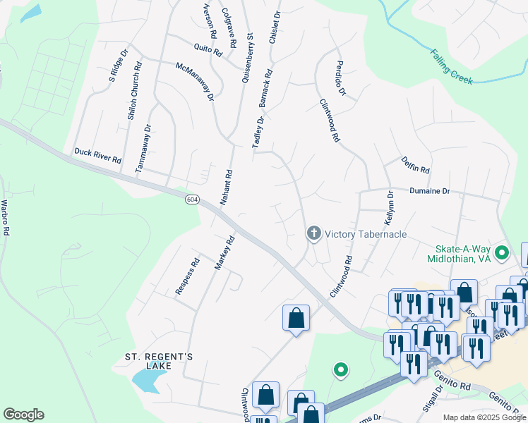 map of restaurants, bars, coffee shops, grocery stores, and more near 12012 Hazelnut Branch Terrace in Midlothian