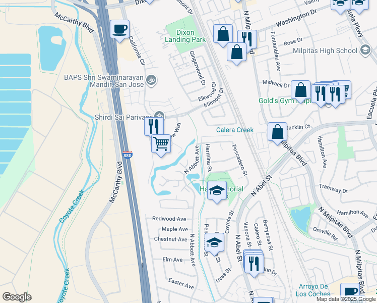 map of restaurants, bars, coffee shops, grocery stores, and more near 1200 North Abbott Avenue in Milpitas