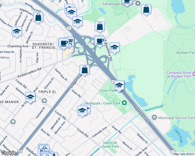 map of restaurants, bars, coffee shops, grocery stores, and more near 107 Tanland Drive in Palo Alto