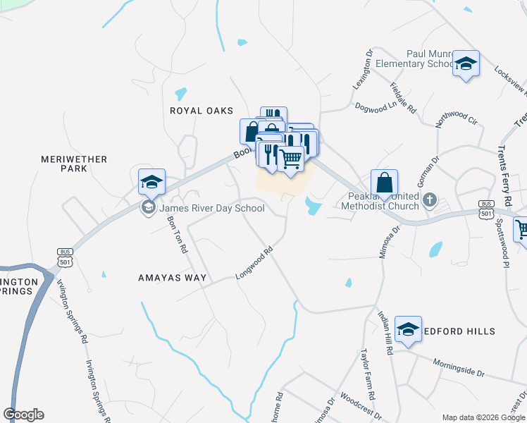 map of restaurants, bars, coffee shops, grocery stores, and more near 5000-5012 Wedgewood Road in Lynchburg