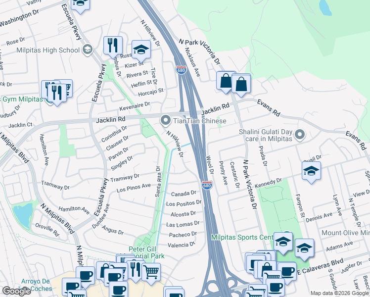 map of restaurants, bars, coffee shops, grocery stores, and more near 941 Del Rio Court in Milpitas