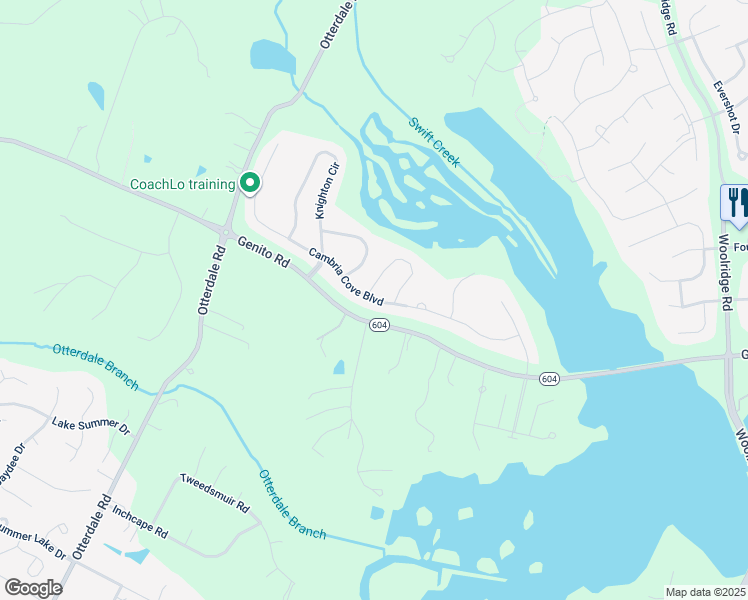 map of restaurants, bars, coffee shops, grocery stores, and more near 15601 Cambria Cove Boulevard in Midlothian