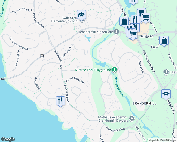 map of restaurants, bars, coffee shops, grocery stores, and more near 3200 Barnes Spring Terrace in Midlothian
